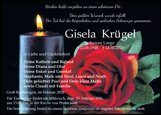 Traueranzeige von Gisela Krügel von Ostsee-Zeitung GmbH