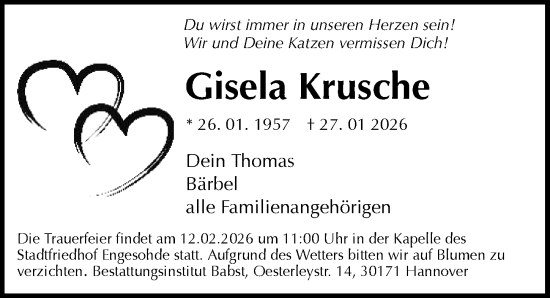 Traueranzeige von Gisela Krusche von Hannoversche Allgemeine Zeitung/Neue Presse