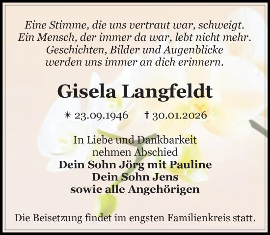 Traueranzeige von Gisela Langfeldt von Wochenspiegel