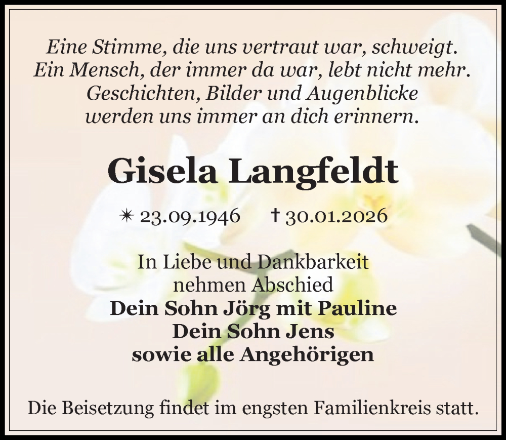  Traueranzeige für Gisela Langfeldt vom 07.02.2026 aus Wochenspiegel