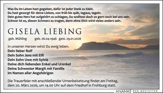 Traueranzeige von Gisela Liebling von Leipziger Volkszeitung