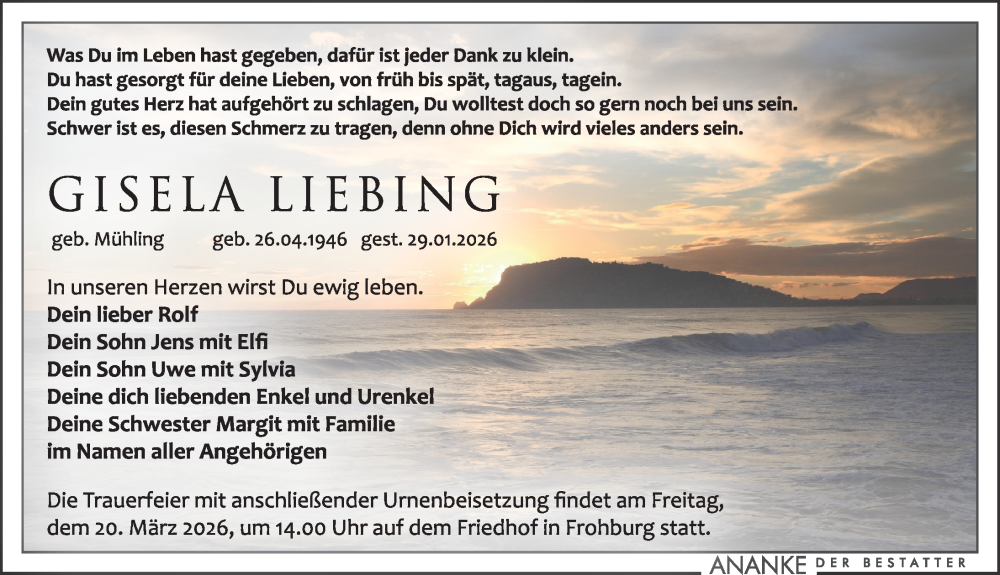  Traueranzeige für Gisela Liebling vom 07.02.2026 aus Leipziger Volkszeitung