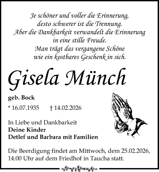 Traueranzeige von Gisela Münch von Leipziger Volkszeitung
