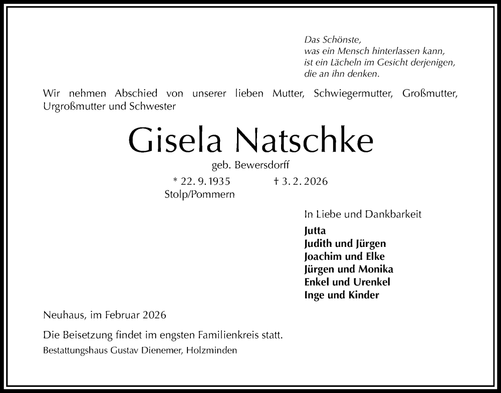  Traueranzeige für Gisela Natschke vom 07.02.2026 aus Täglicher Anzeiger Holzminden
