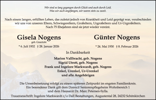 Traueranzeige von Gisela Nogens von Kieler Nachrichten