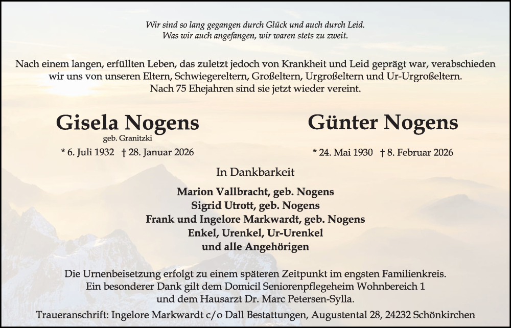  Traueranzeige für Gisela Nogens vom 14.02.2026 aus Kieler Nachrichten