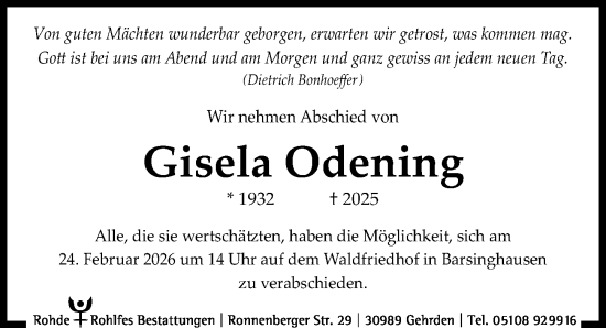 Traueranzeige von Gisela Odening von Hannoversche Allgemeine Zeitung/Neue Presse
