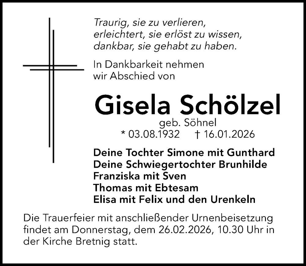  Traueranzeige für Gisela Schölzel vom 14.02.2026 aus Sächsische Zeitung