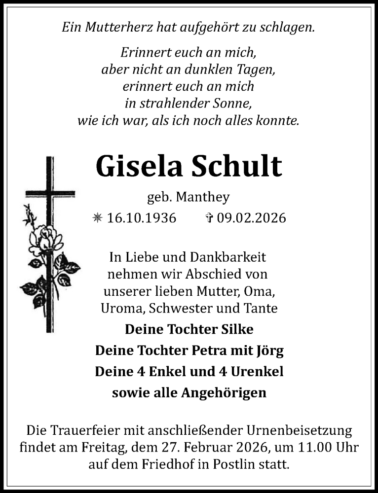  Traueranzeige für Gisela Schult vom 21.02.2026 aus Wochenspiegel