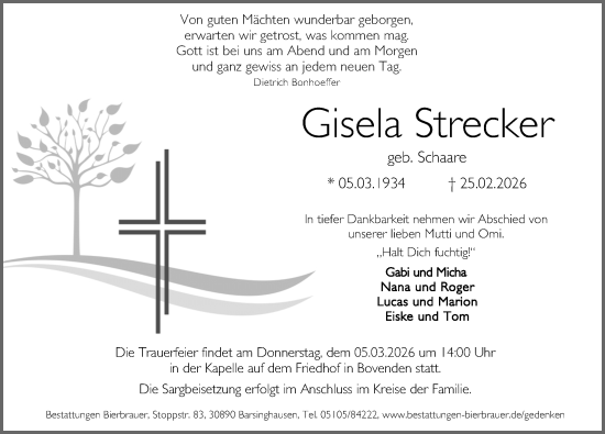 Traueranzeige von Gisela Strecker von Göttinger Tageblatt