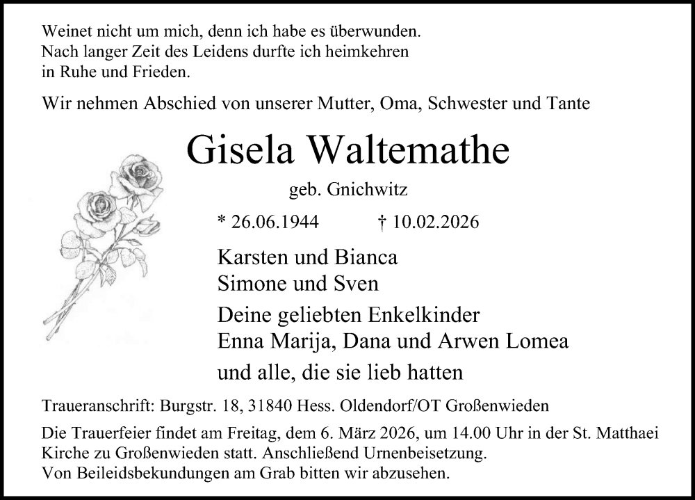  Traueranzeige für Gisela Waltemathe vom 21.02.2026 aus Schaumburger Zeitung/ Landes-Zeitung