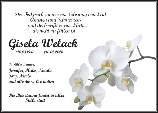 Traueranzeige von Gisela Welack von Hannoversche Allgemeine Zeitung/Neue Presse