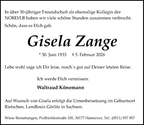 Traueranzeige von Gisela Zange von Hannoversche Allgemeine Zeitung/Neue Presse