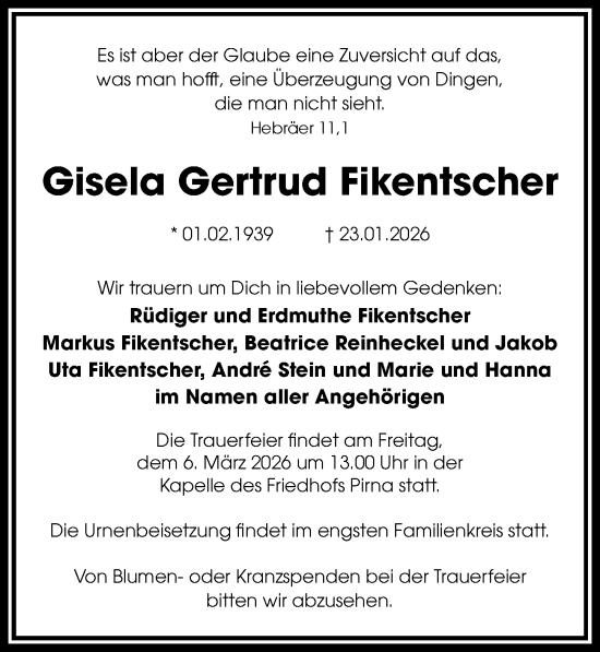 Traueranzeige von Gisela Gertrud Fikentscher von Sächsische Zeitung
