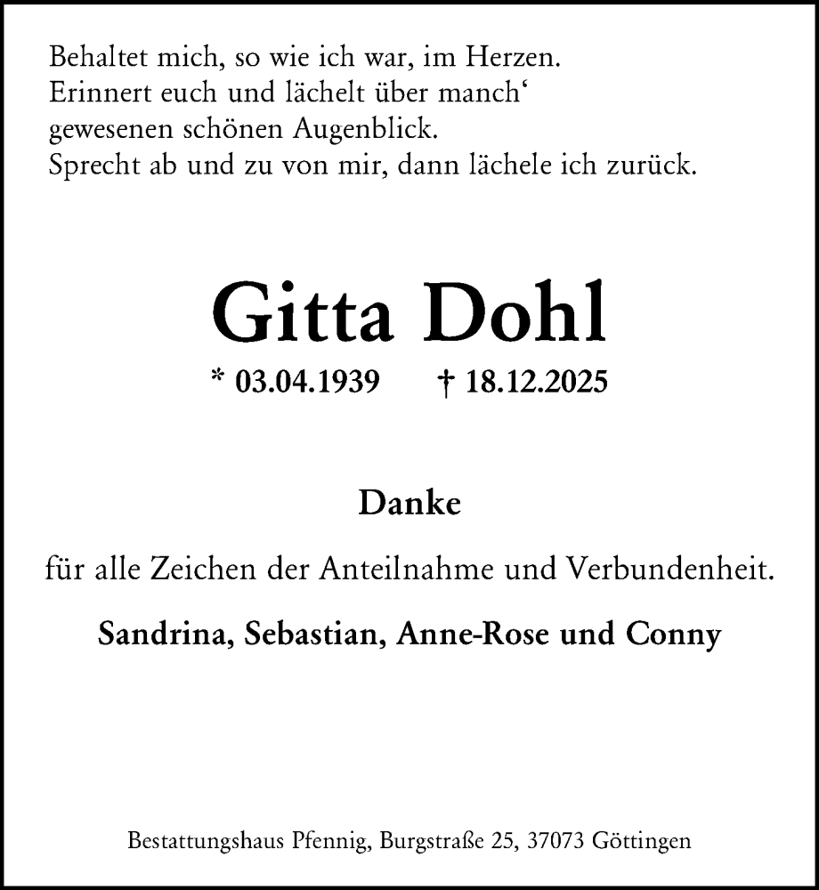  Traueranzeige für Gitta Dohl vom 21.02.2026 aus Göttinger Tageblatt