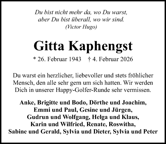 Traueranzeige von Gitta Kaphengst von Lübecker Nachrichten