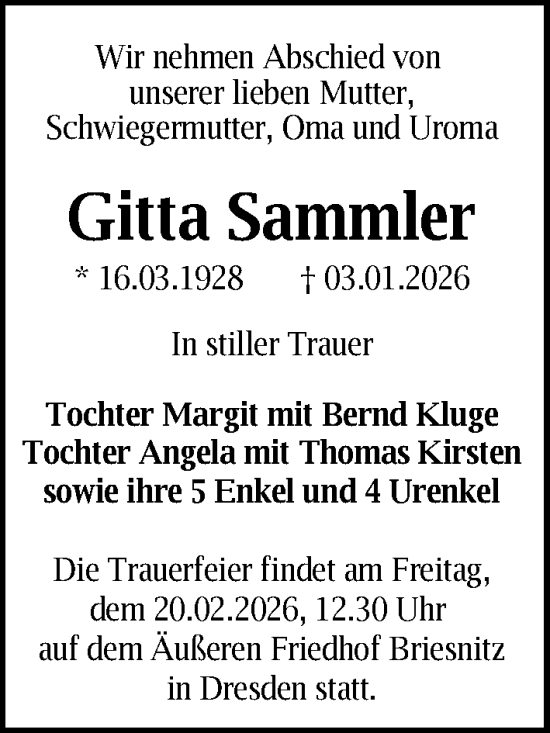 Traueranzeige von Gitta Sammler von Sächsische Zeitung