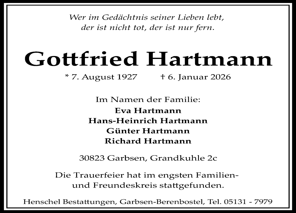  Traueranzeige für Gottfried Hartmann vom 14.02.2026 aus Hannoversche Allgemeine Zeitung/Neue Presse