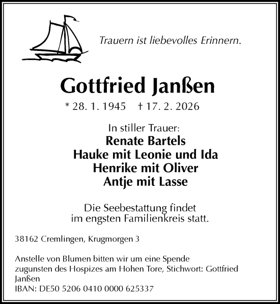 Traueranzeige von Gottfried Janßen von Täglicher Anzeiger Holzminden