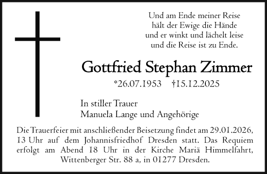 Traueranzeige von Gottfried Stephan Zimmer von Sächsische Zeitung