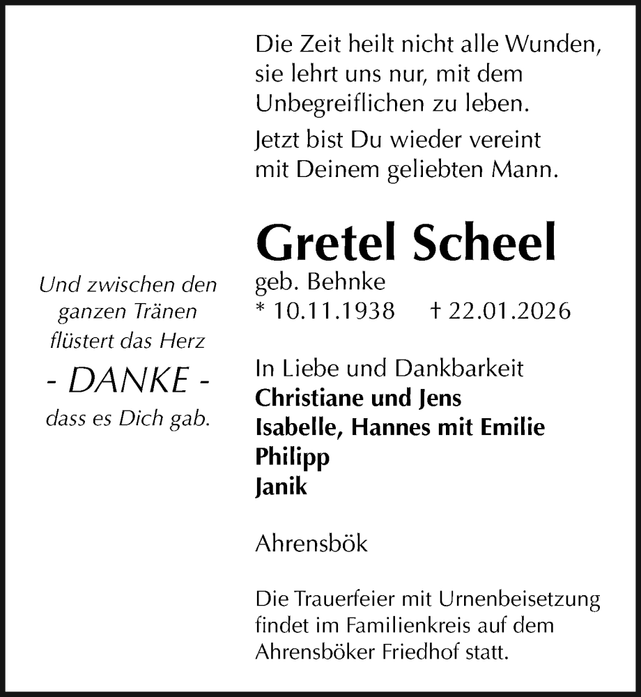  Traueranzeige für Gretel Scheel vom 08.02.2026 aus Lübecker Nachrichten