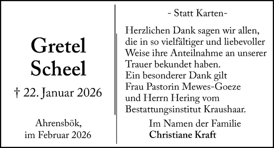 Traueranzeige von Gretel Scheel von Lübecker Nachrichten