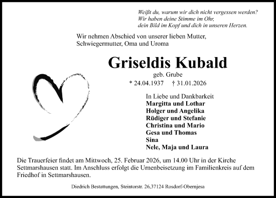 Traueranzeige von Griseldis Kubald von Göttinger Tageblatt