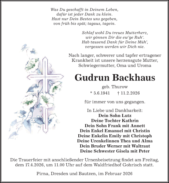Traueranzeige von Gudrun Backhaus von Sächsische Zeitung
