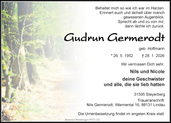 Traueranzeige von Gudrun Germerodt von Die Harke