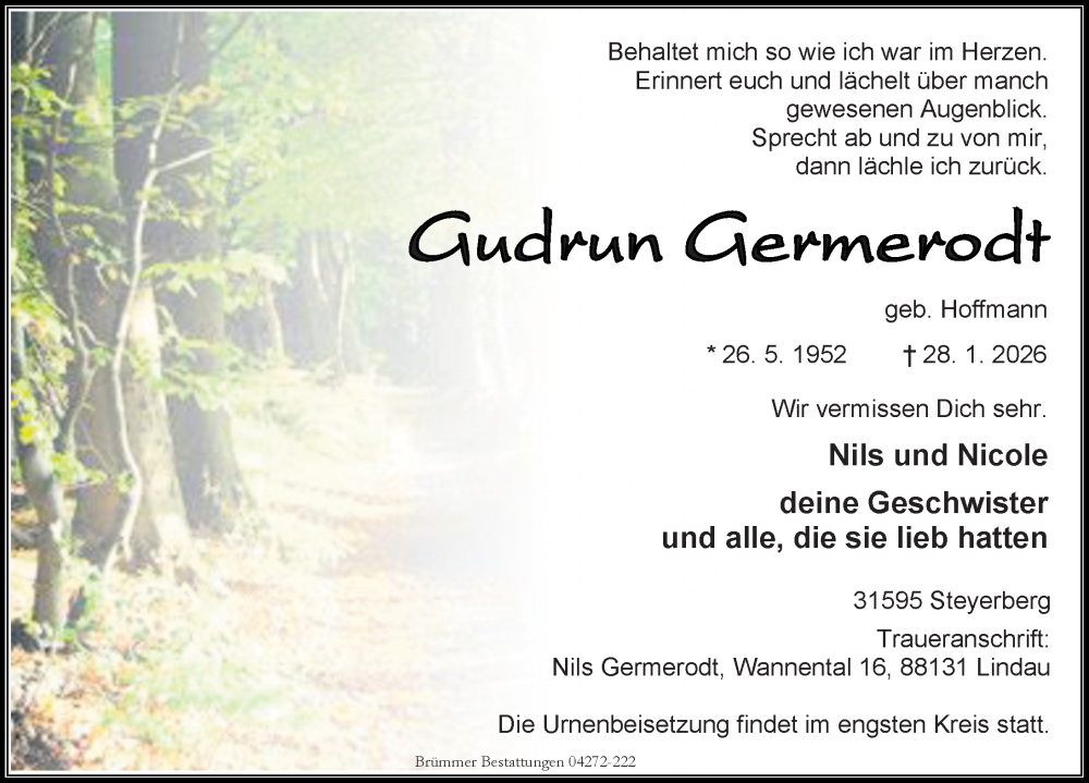  Traueranzeige für Gudrun Germerodt vom 14.02.2026 aus Die Harke