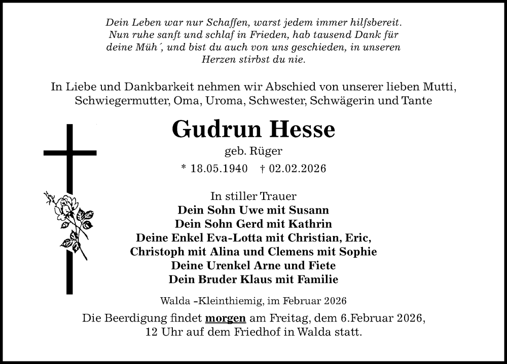  Traueranzeige für Gudrun Hesse vom 05.02.2026 aus Sächsische Zeitung