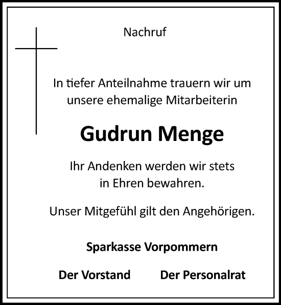 Traueranzeige von Gudrun Menge von Ostsee-Zeitung GmbH