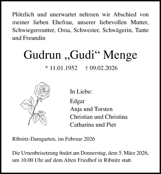 Traueranzeige von Gudrun Menge von Ostsee-Zeitung GmbH