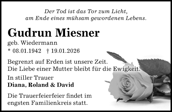 Traueranzeige von Gudrun Miesner von Sächsische Zeitung