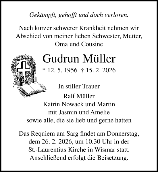 Traueranzeige von Gudrun Müller von Ostsee-Zeitung GmbH