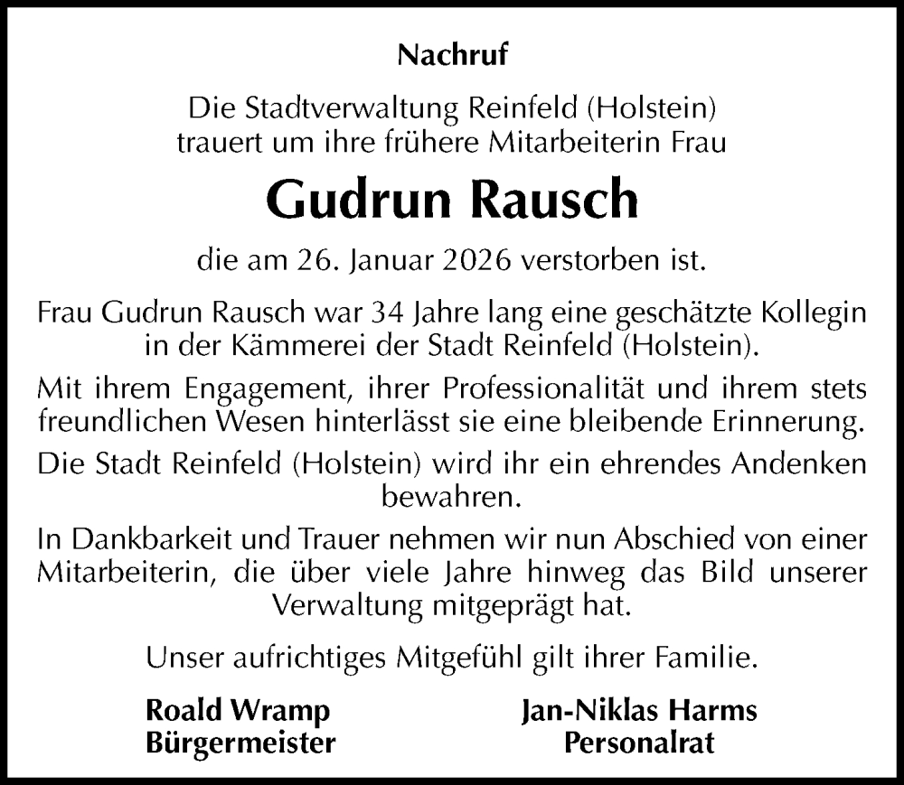  Traueranzeige für Gudrun Rausch vom 12.02.2026 aus Lübecker Nachrichten