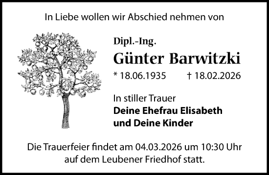 Traueranzeige von Günter Barwitzki von Sächsische Zeitung