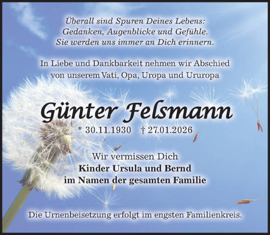 Traueranzeige von Günter Felsmann von Sächsische Zeitung