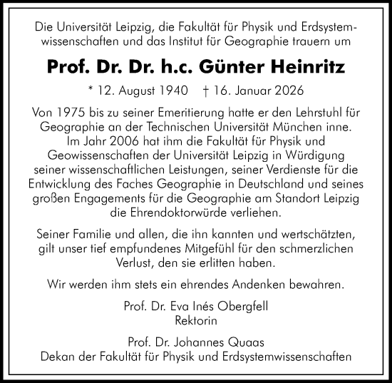 Traueranzeige von Günter Heinritz von Leipziger Volkszeitung