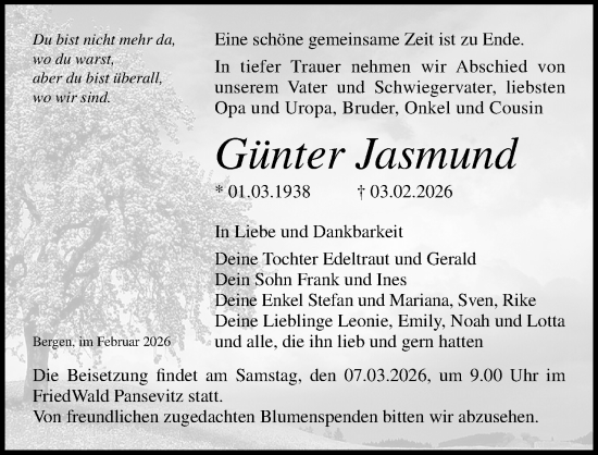 Traueranzeige von Günter Jasmund von Ostsee-Zeitung GmbH