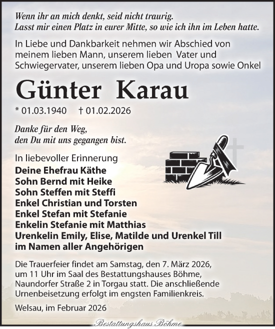 Traueranzeige von Günter Karau von Torgauer Zeitung