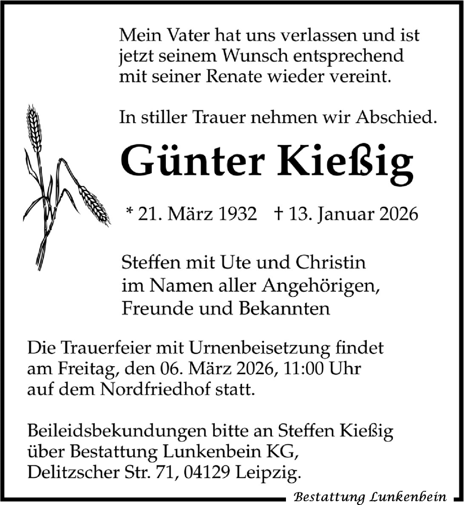  Traueranzeige für Günter Kießig  vom 14.02.2026 aus Leipziger Volkszeitung