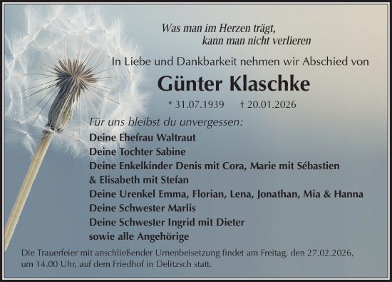Traueranzeige von Günter Klaschke von Leipziger Volkszeitung