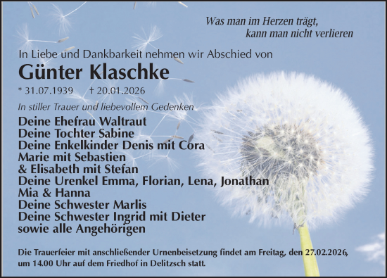 Traueranzeige von Günter Klaschke von Leipziger Volkszeitung