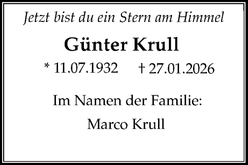  Traueranzeige für Günter Krull vom 07.02.2026 aus Ostsee-Zeitung GmbH