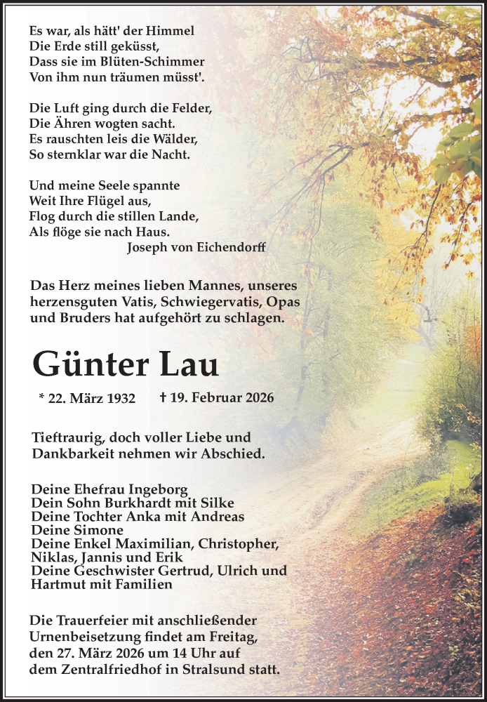  Traueranzeige für Günter Lau vom 28.02.2026 aus Ostsee-Zeitung GmbH