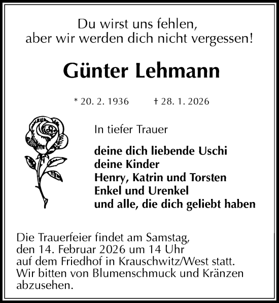 Traueranzeige von Günter Lehmann von Sächsische Zeitung