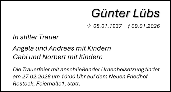 Traueranzeige von Günter Lübs von Ostsee-Zeitung GmbH