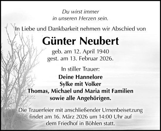 Traueranzeige von Günter Neubert von Leipziger Volkszeitung
