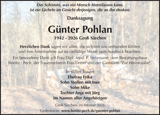 Traueranzeige von Günter Pohlan von Sächsische Zeitung